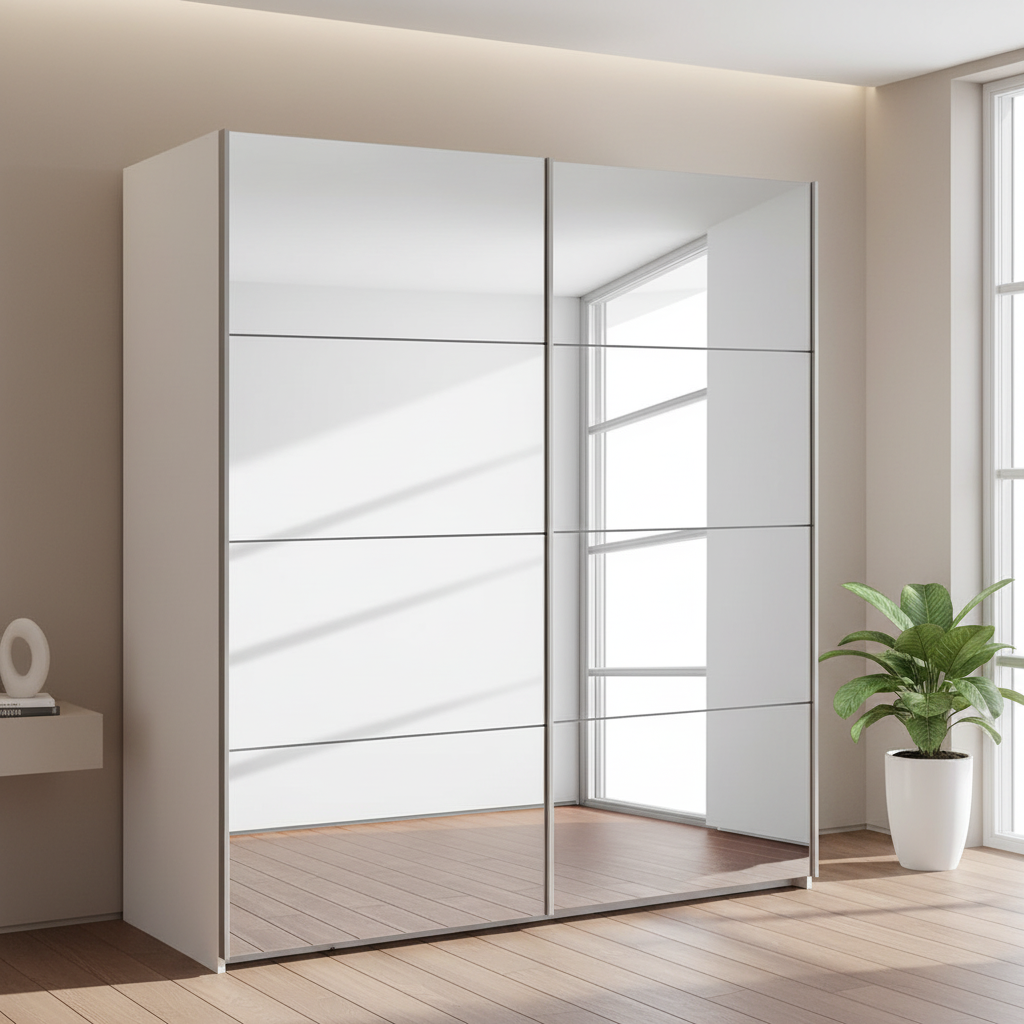 Rauch Subito 2 Door Full Mirror Sliding Door Wardrobe in Alpine White Cracase styled in a bedroom