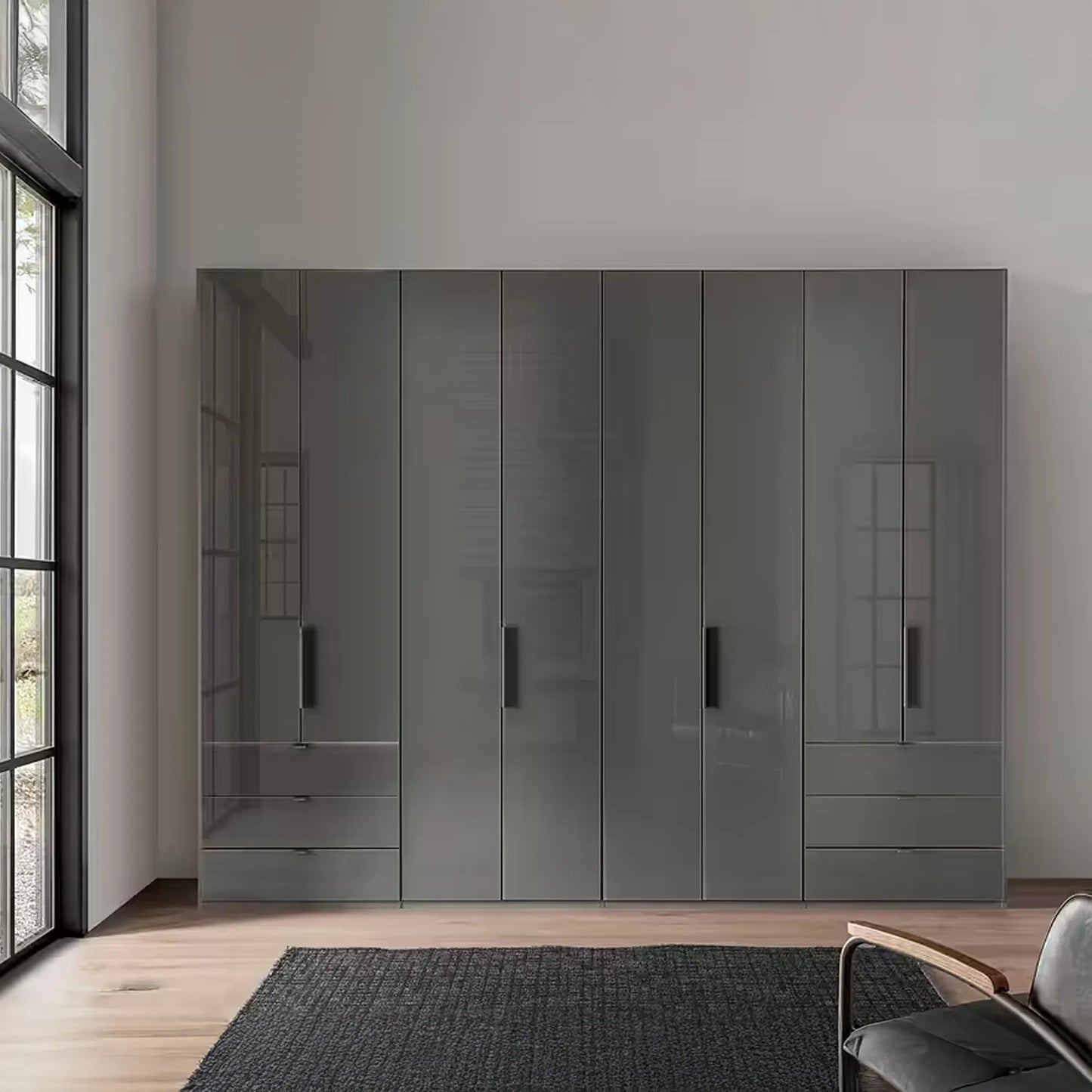 Amelia Folding 8 Doors Wardrobe With Drawers 300 cm in Lava - Styled in a Bedroom