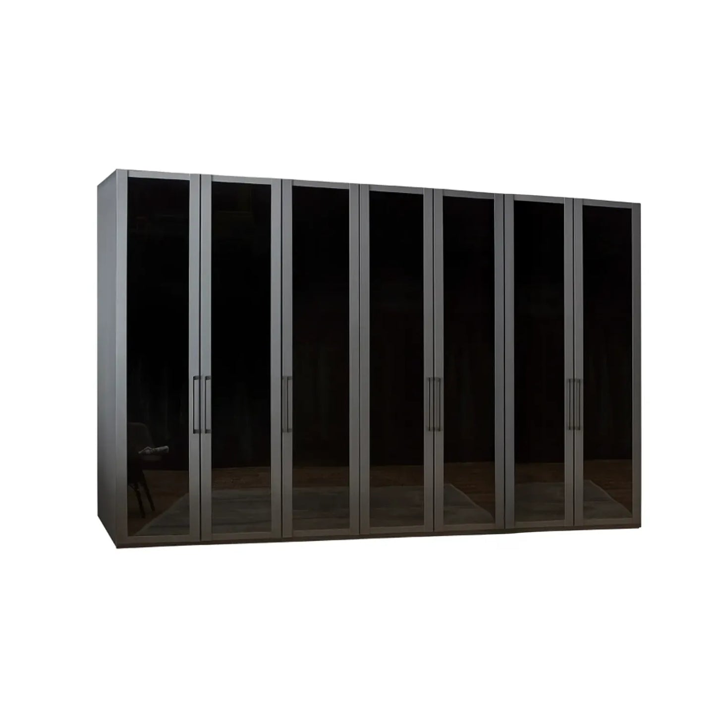 Large Wiemann 7 Door Transparent black wardrobe with eight mirrored doors, illustrating storage solutions and design in interior spaces.