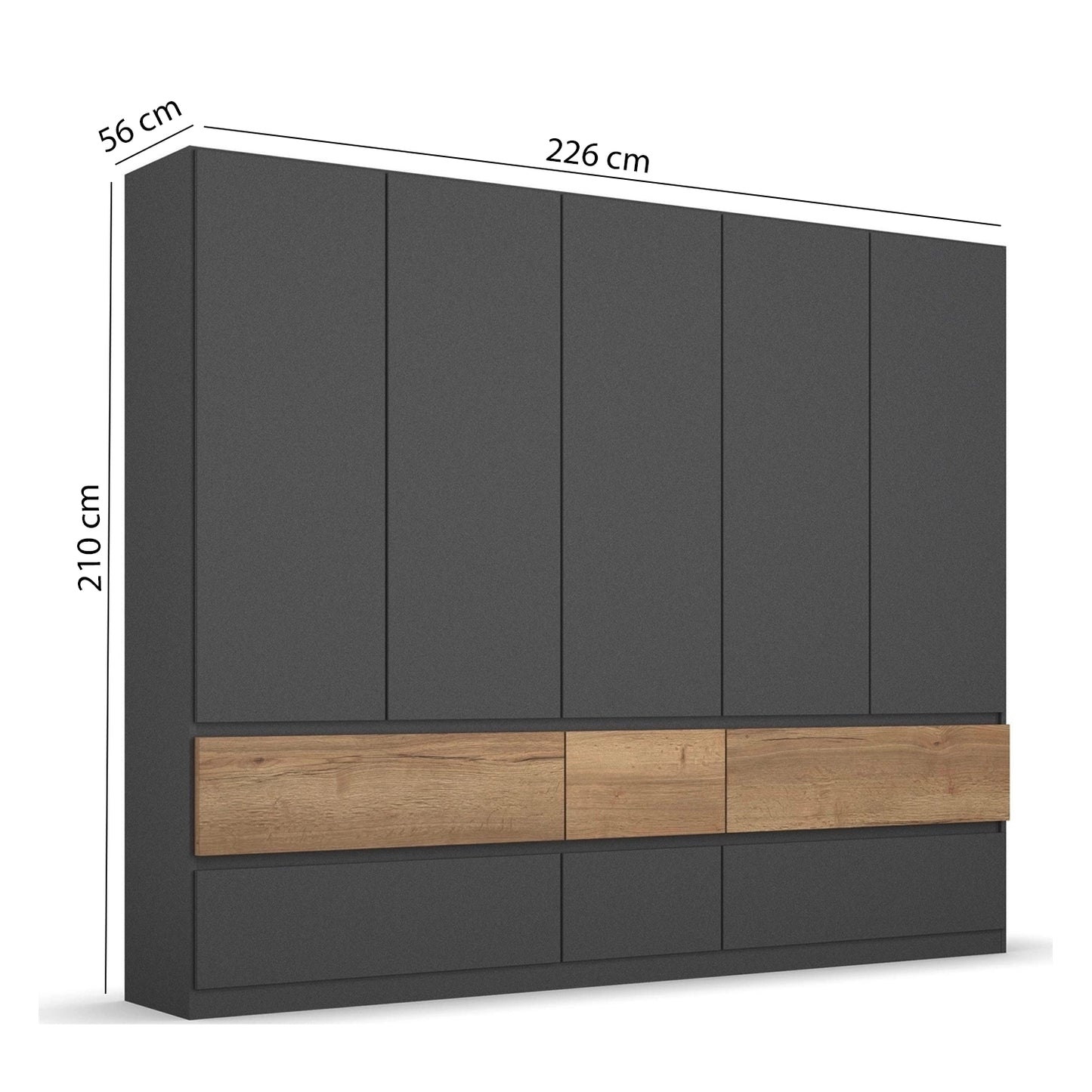 Winnipeg Metallic Grey 5 Door Wardrobe with Drawers - W226CM - Dimensions