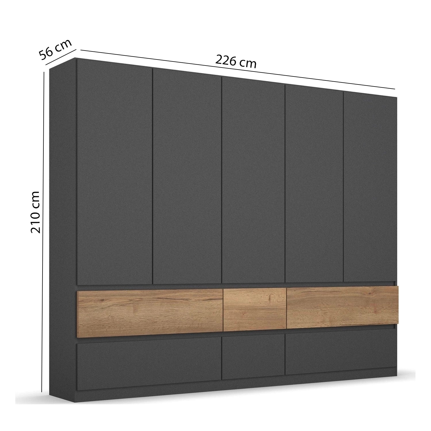 Winnipeg Metallic Grey 5 Door Wardrobe with Drawers - W226CM - Dimensions